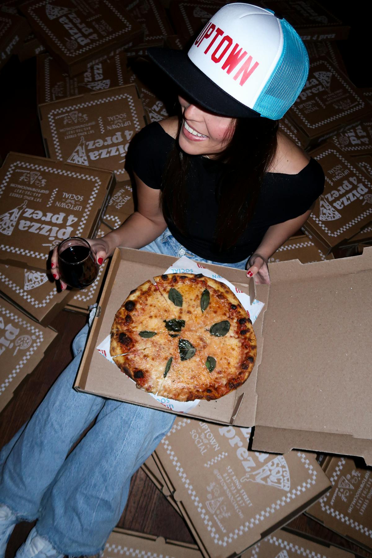 girl, pizza and wine