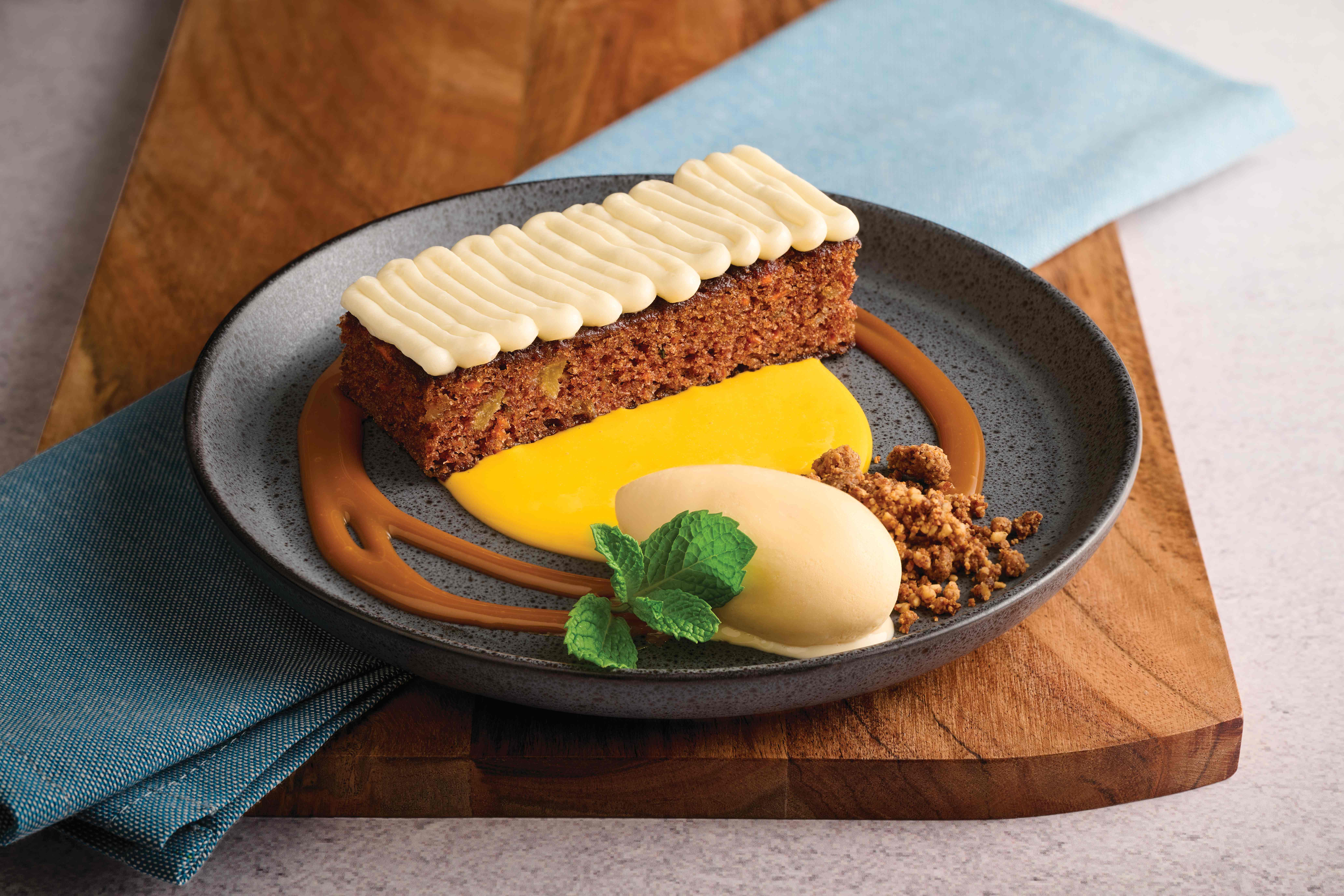 a plate of dessert on a wood surface