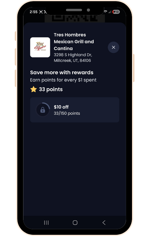 Tres Hombres Rewards mobile app showing points and rewards progress