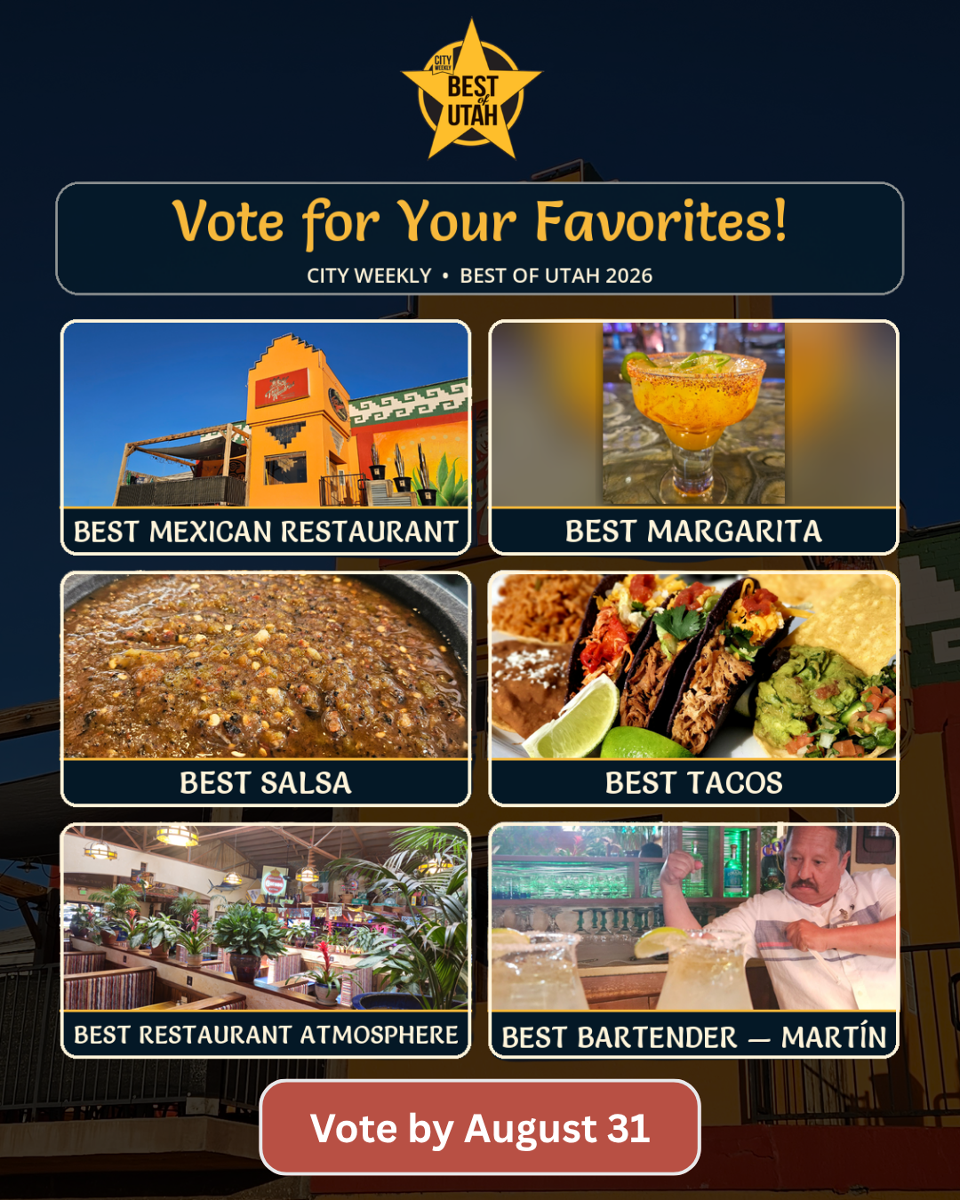 Best of Utah 2026 City Weekly voting card for Tres Hombres