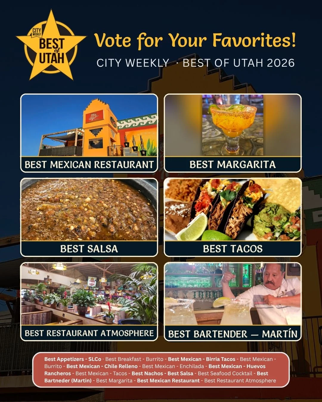Best of Utah 2026 City Weekly voting card for Tres Hombres