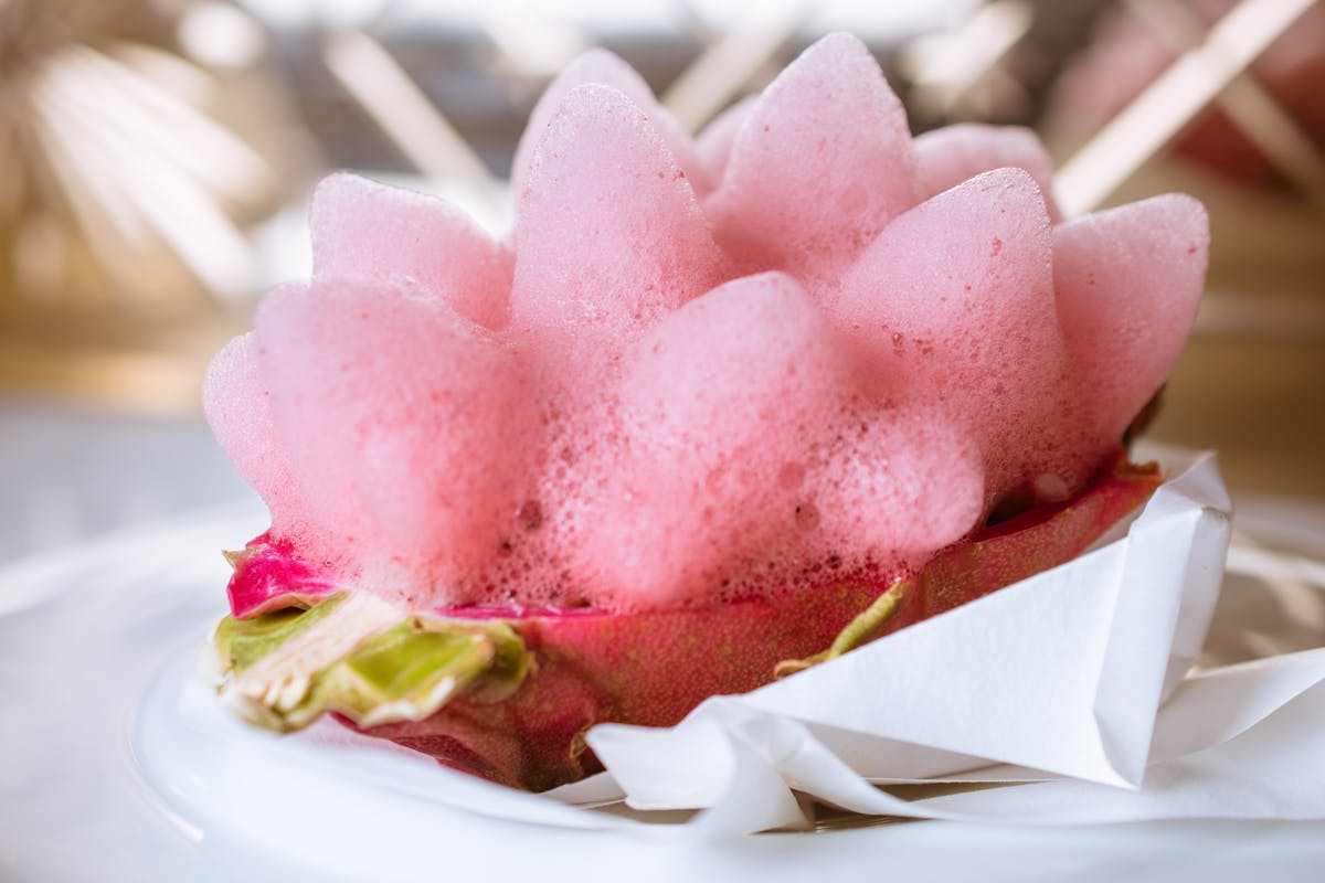 a dragonfruit filled with pink foam