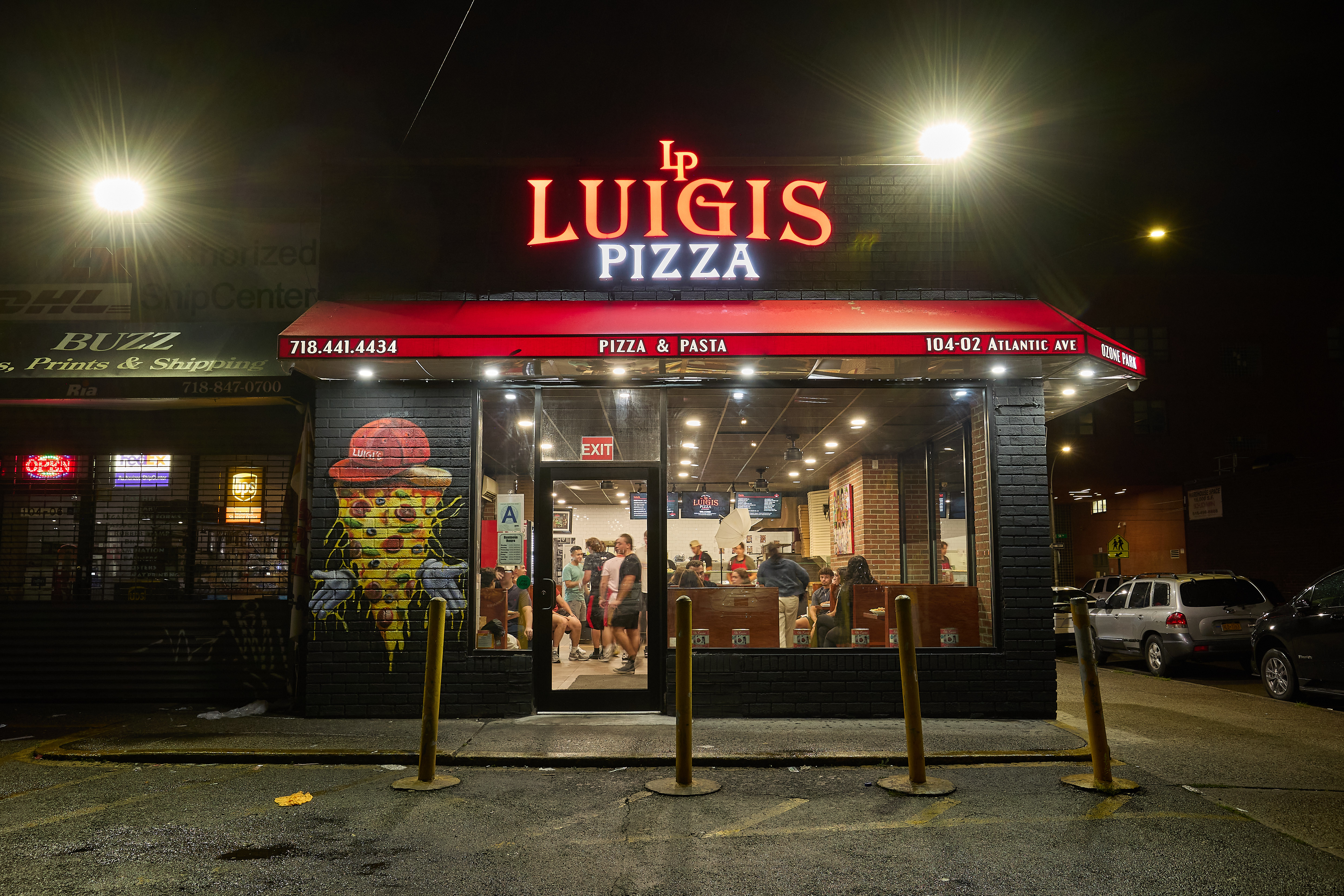 a store front at night