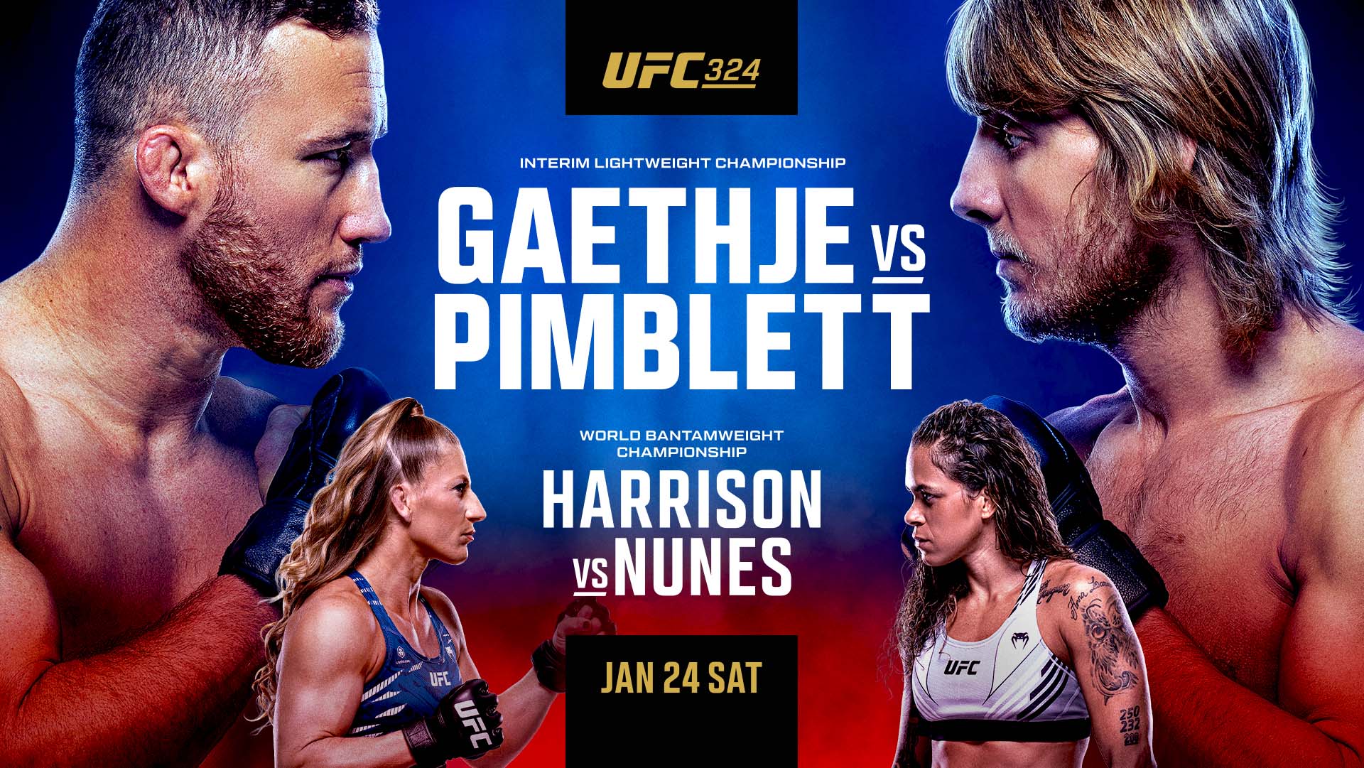 Watch UFC 324 on Saturday January 24th at Rivercrest in Astoria, Queens. Interim lightweight championship: Gaethje vs Pimblett. World bantamweight championship: Harrison vs Nunes.