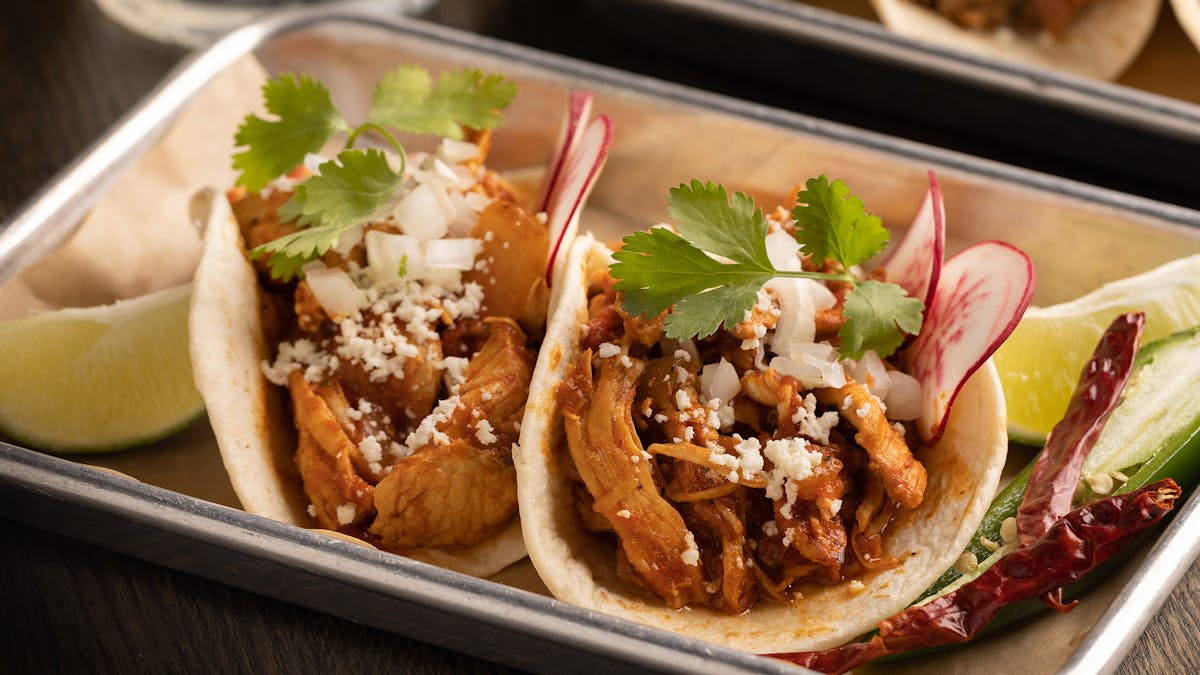 two Chicken Tinga tacos from Rivercrest in Astoria, Queens