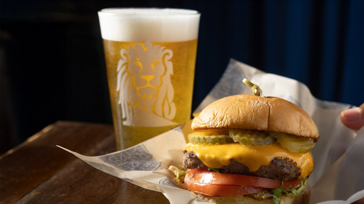 Rivercrest Standard Burger and bottomless pints of beer during Thursday Night Football at Rivercrest in Astoria, Queens