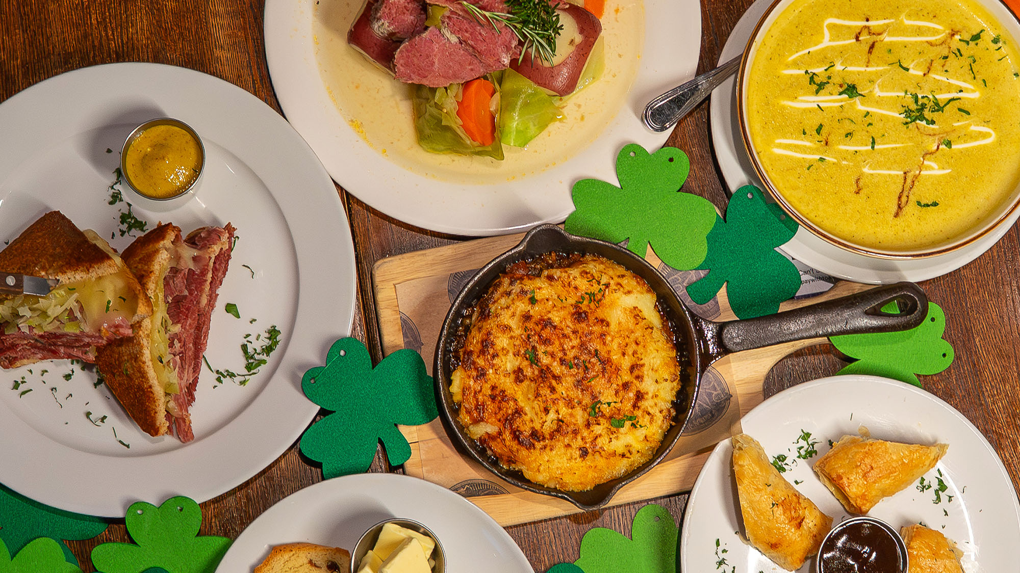 overhead shot of Rivercrest's St Patrick's Day dishes