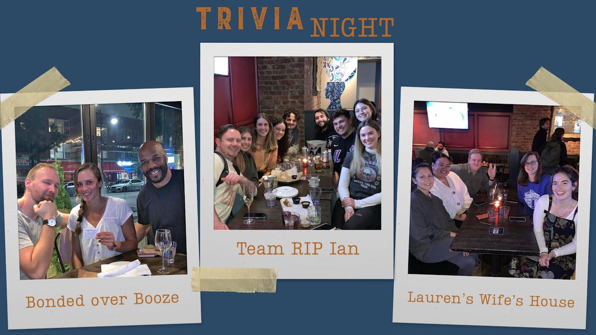 3 polaroids of teams who previously won Rivercrest's trivia night in Astoria