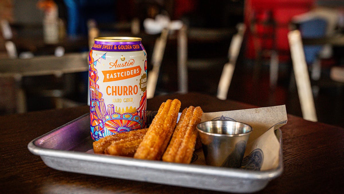 Austin Eastciders Churro Cider can with churros