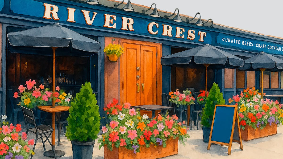 illustrated exterior of Rivercrest with flowers throughout the outdoor dining area