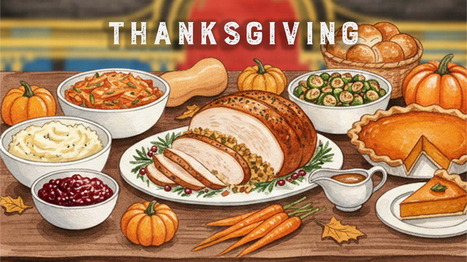 illustration of Thanksgiving feast for take out or dine in at Rivercrest in Astoria, Queens