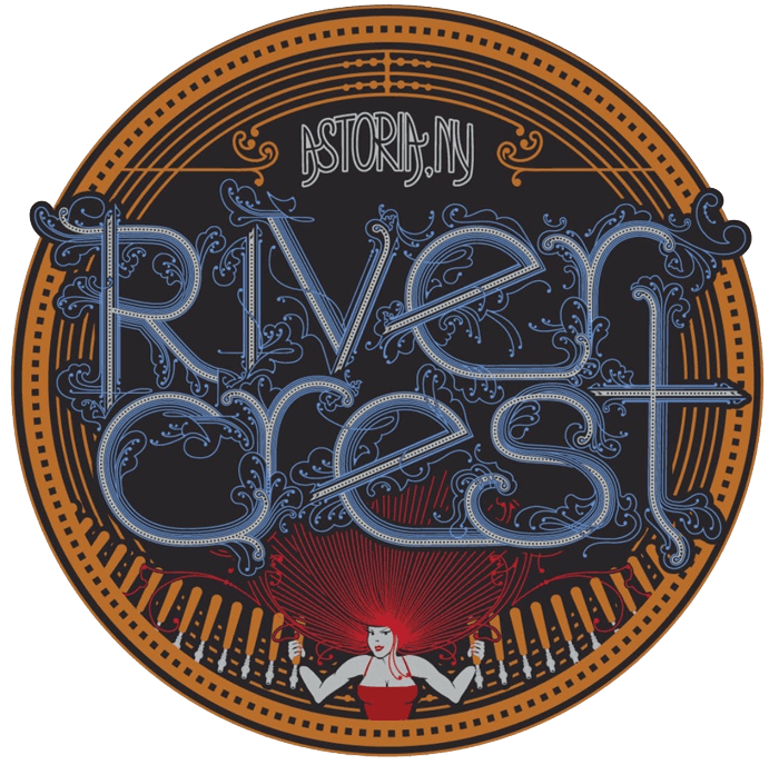 Astoria, NY River Crest Logo created with gold and blue colours, and a red haired women