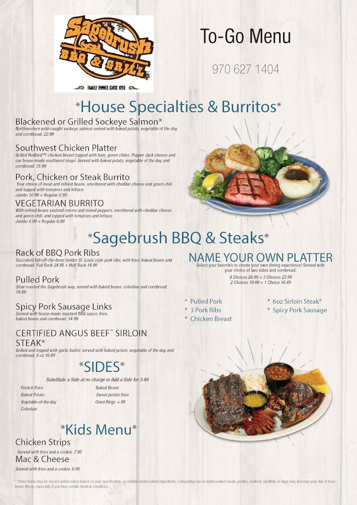 Menus Sagebrush BBQ & Grill