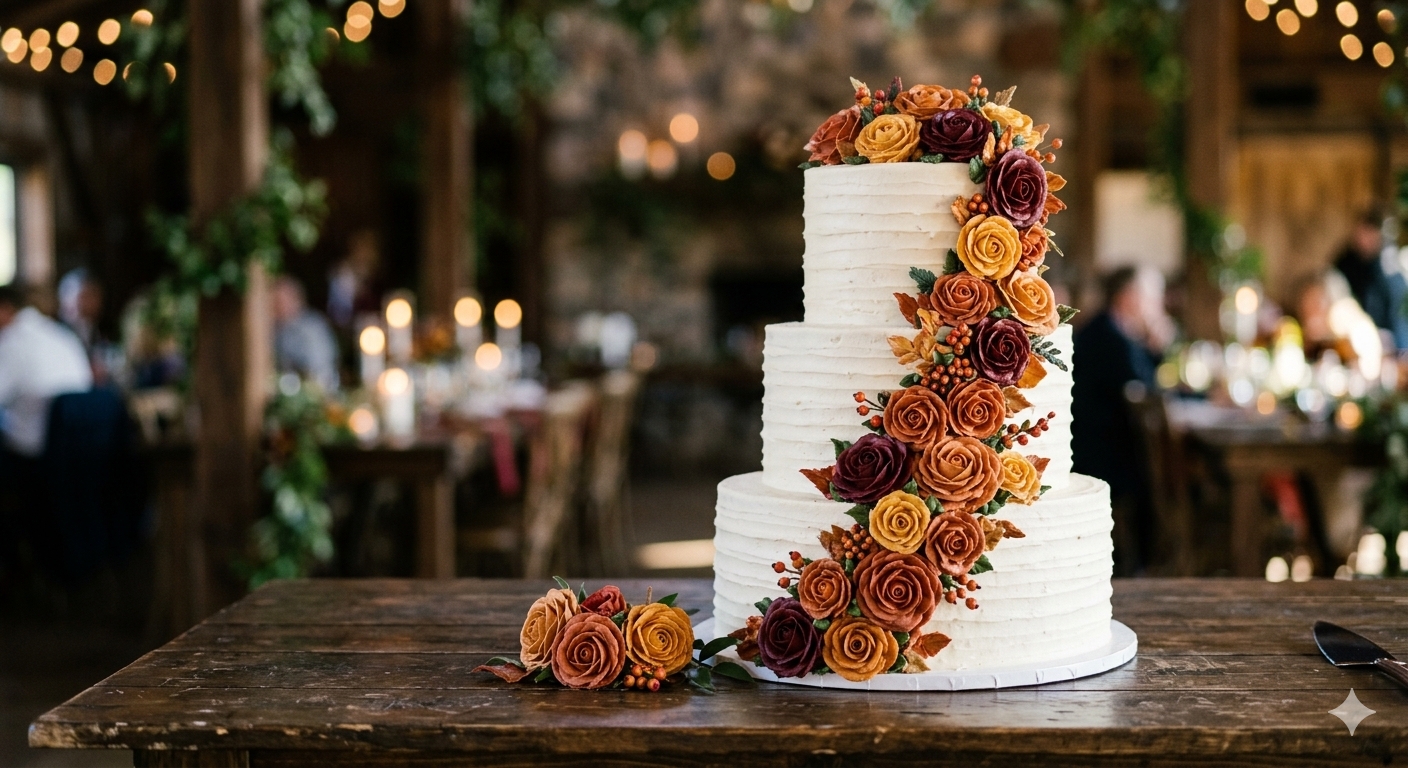 A fall themed 3 tired wedding cake