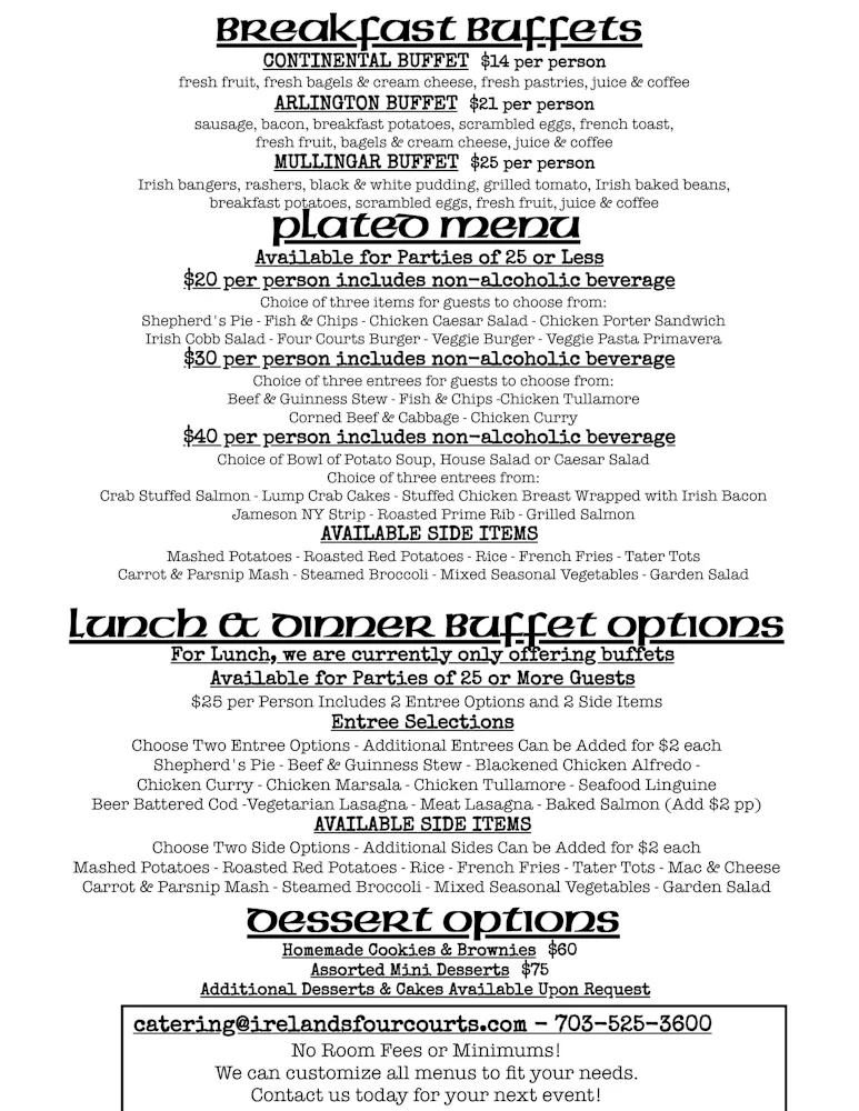 Menus | Ireland's Four Courts