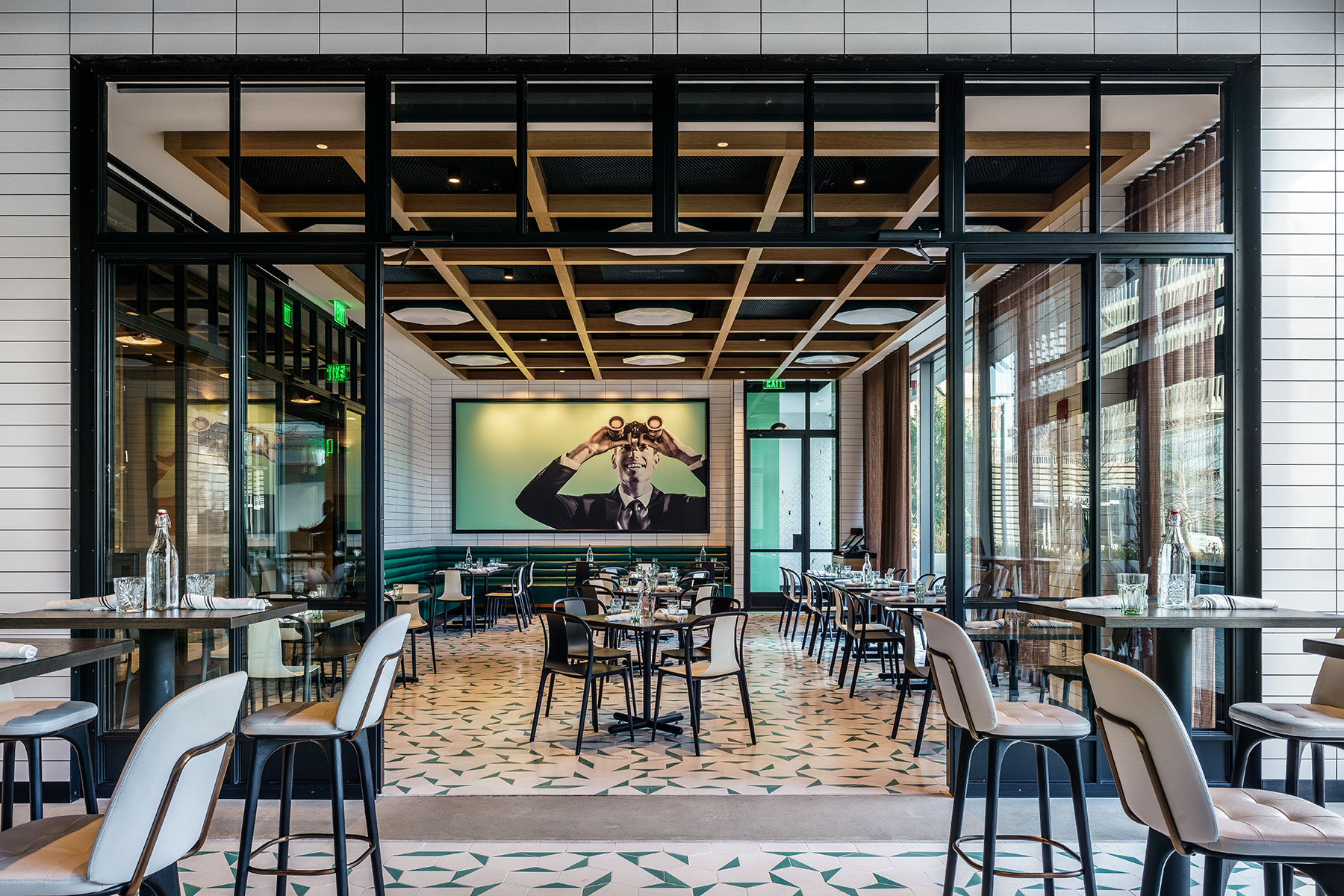 a dining room table in front of a building