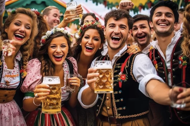 Oktoberfest artwork with beer and pretzels.
