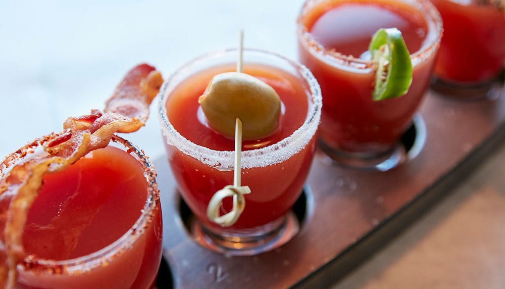 Beverages title. photo of flight of bloody marys