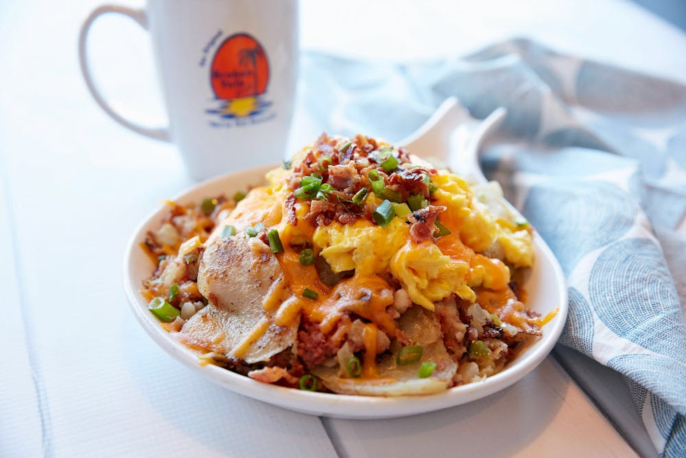 Breakfast Classics title. bowl of egg, potato, cheese, bacon