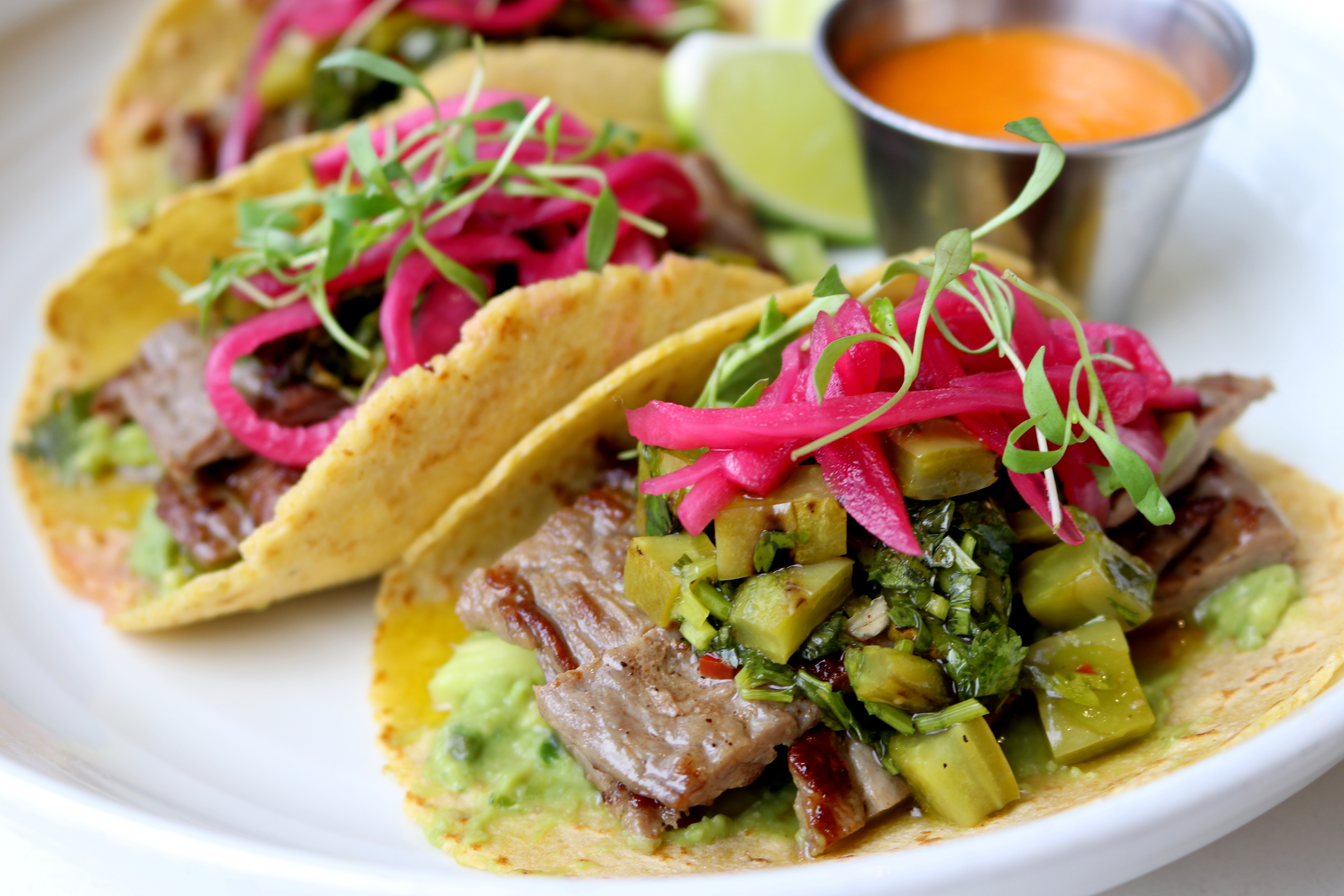 a plate of tacos with meat and vegetables