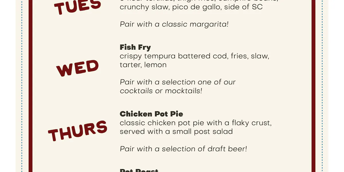 Local Post Menu Daily Specials at The Post