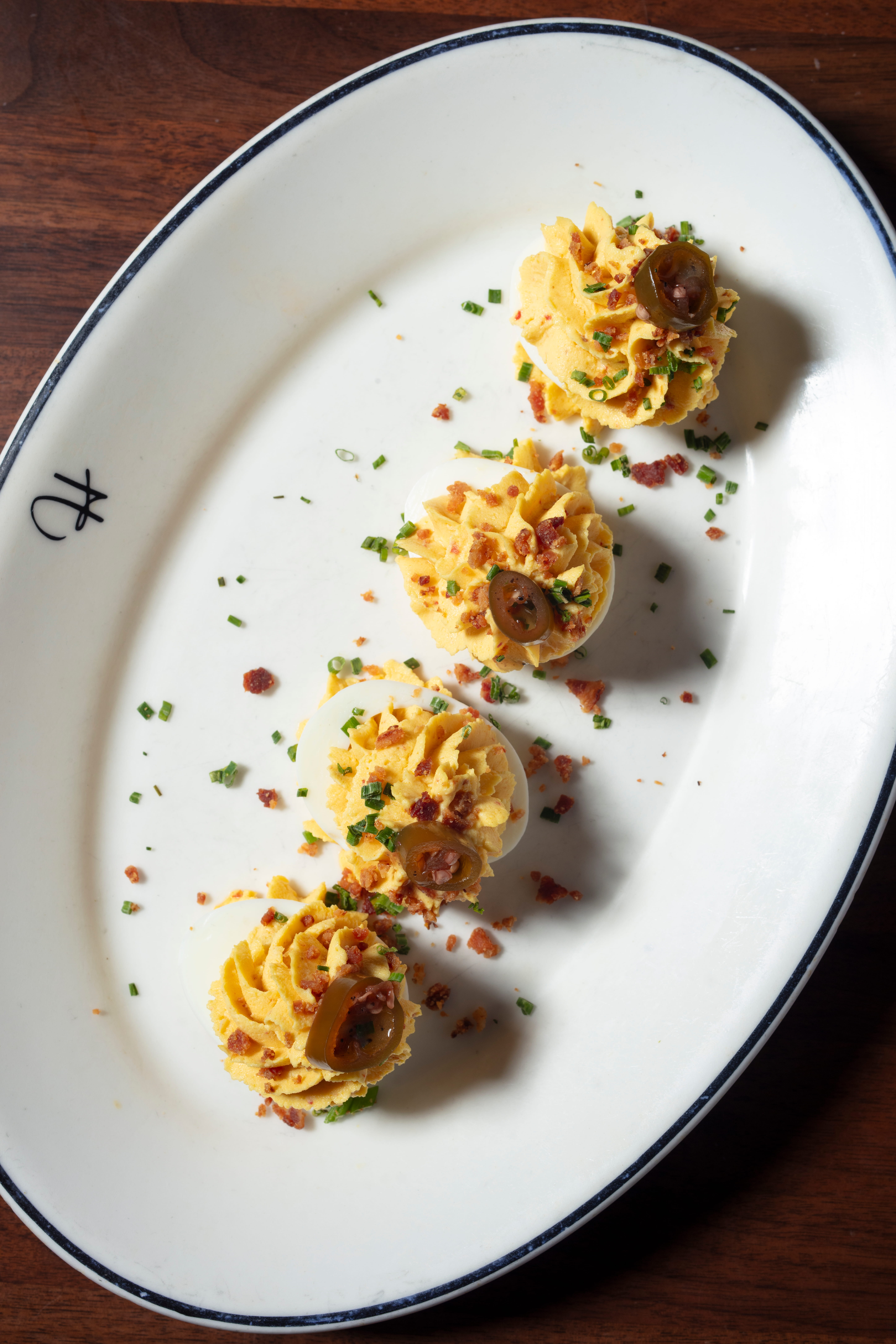 a plate of deviled eggs