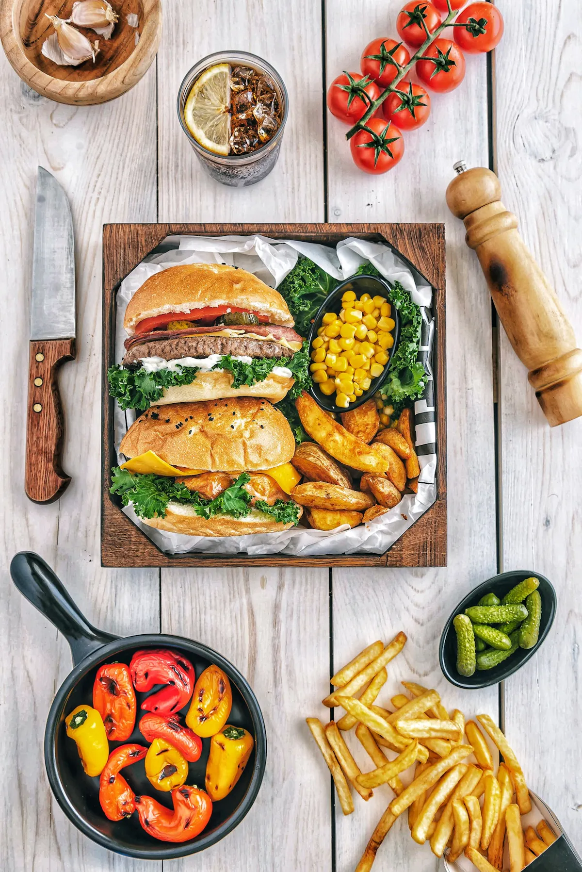 a bunch of different types of food on a table