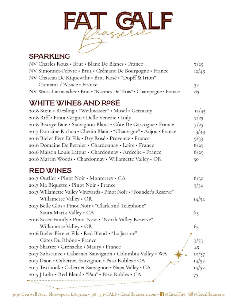 Fat Calf Menu Fat Calf Menu