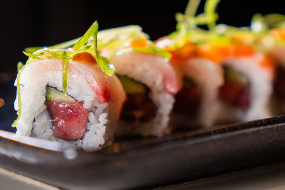 a close up of sushi