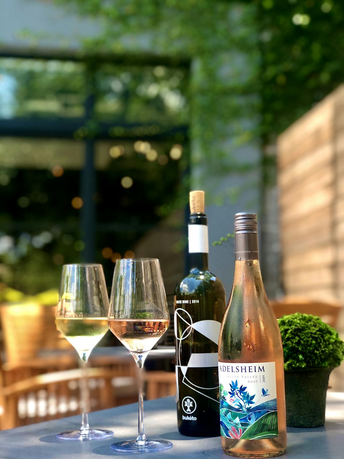 a bottle of wine and a glass of beer on a table
