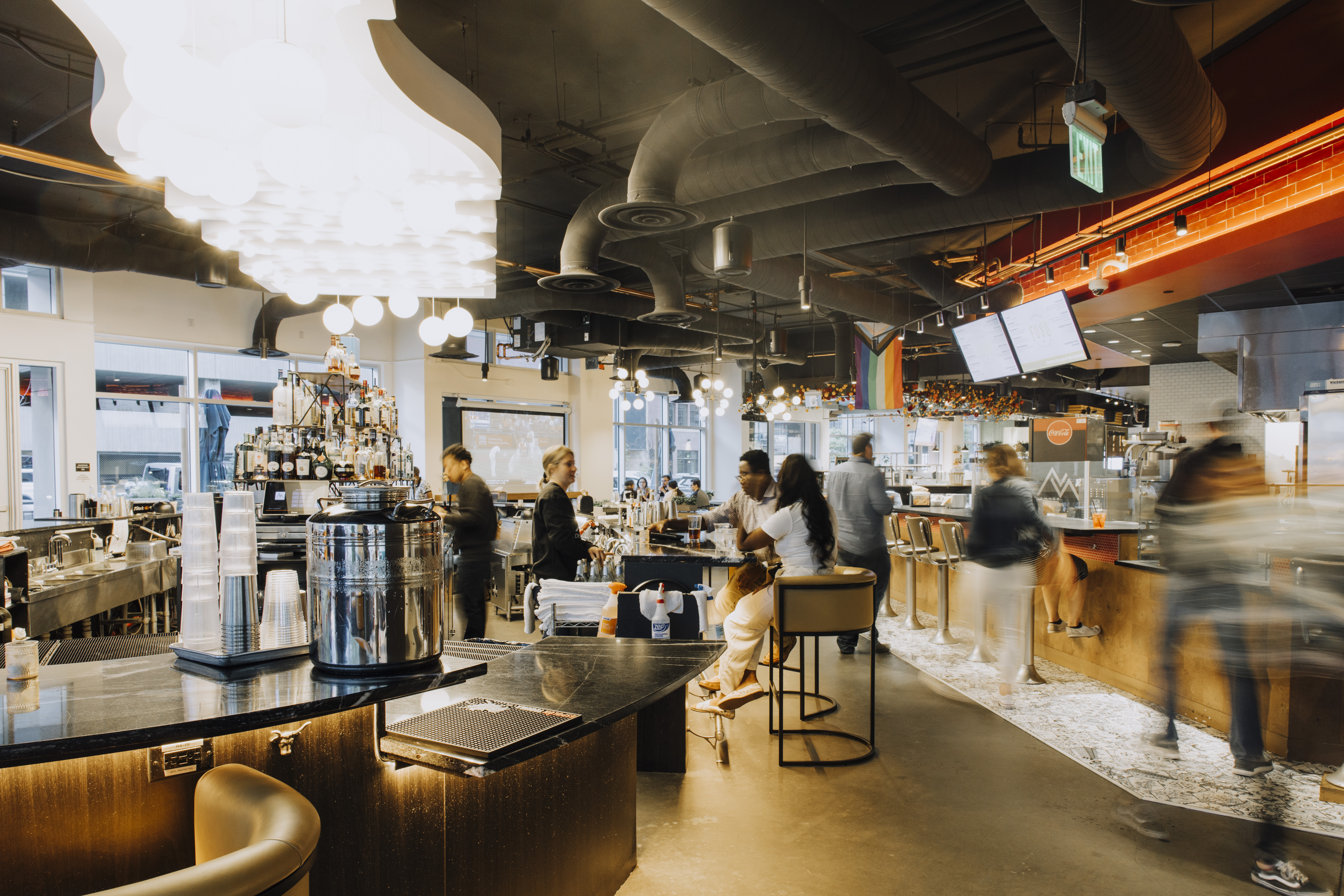 a group of people in a restaurant