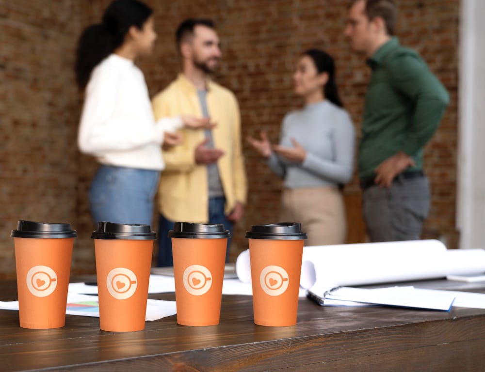 a group of people standing around a table