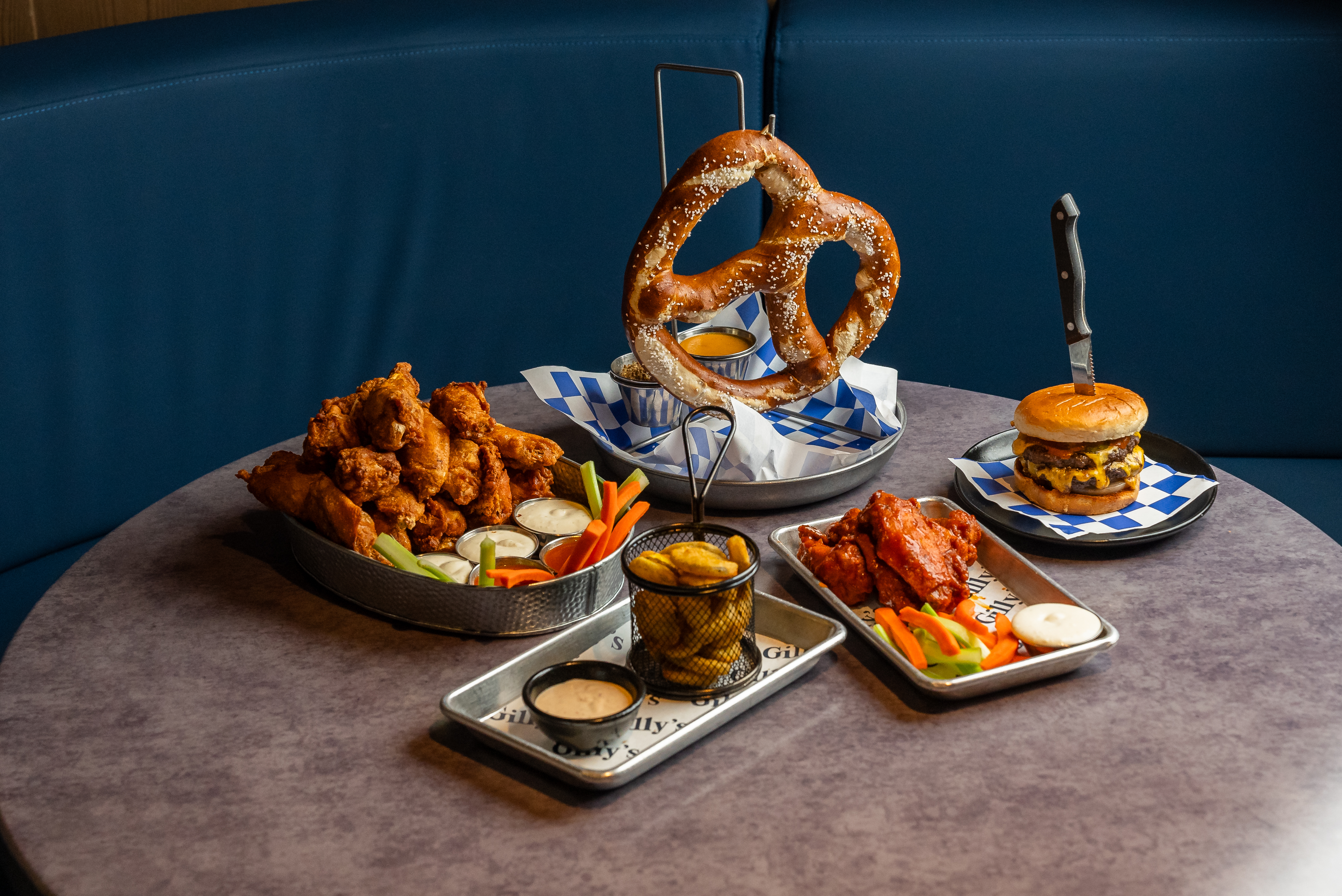 Chicken-Fried Chicken Wings, Big Ass Pretzel, Gilly's Griddle Burger