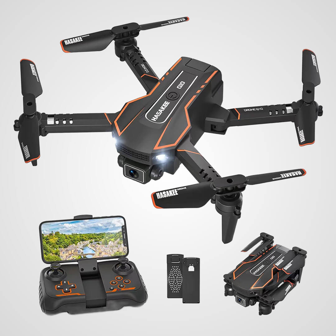Black and orange Hasakee mini quadcopter drone displayed next to its handheld remote control transmitter and smartphone mount.