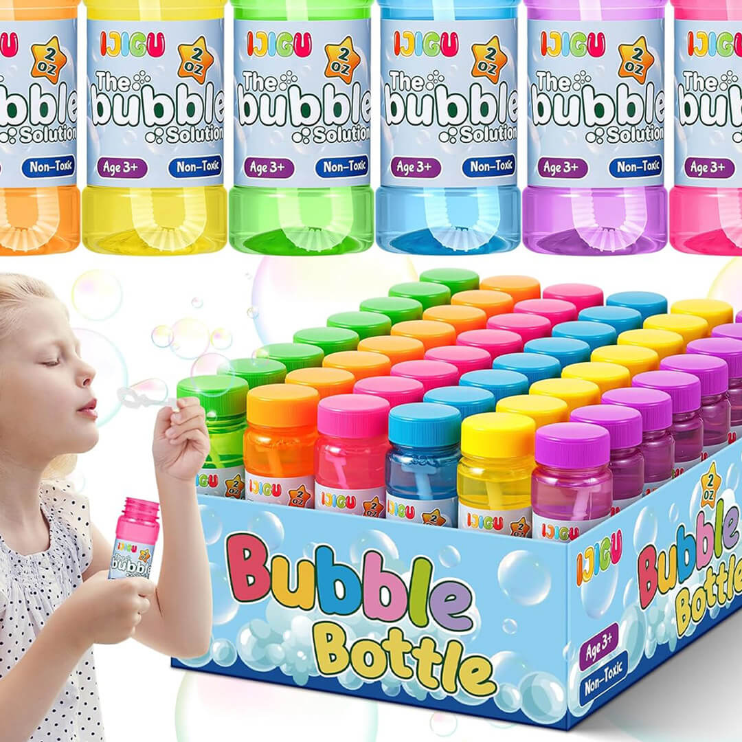A retail display box filled with multi-colored bottles of JIGU non-toxic bubble solution, featuring a young girl blowing bubbles.