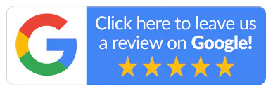 Blue button with the Google G logo, five gold stars, and text saying "Click here to leave us a review on Google!"
