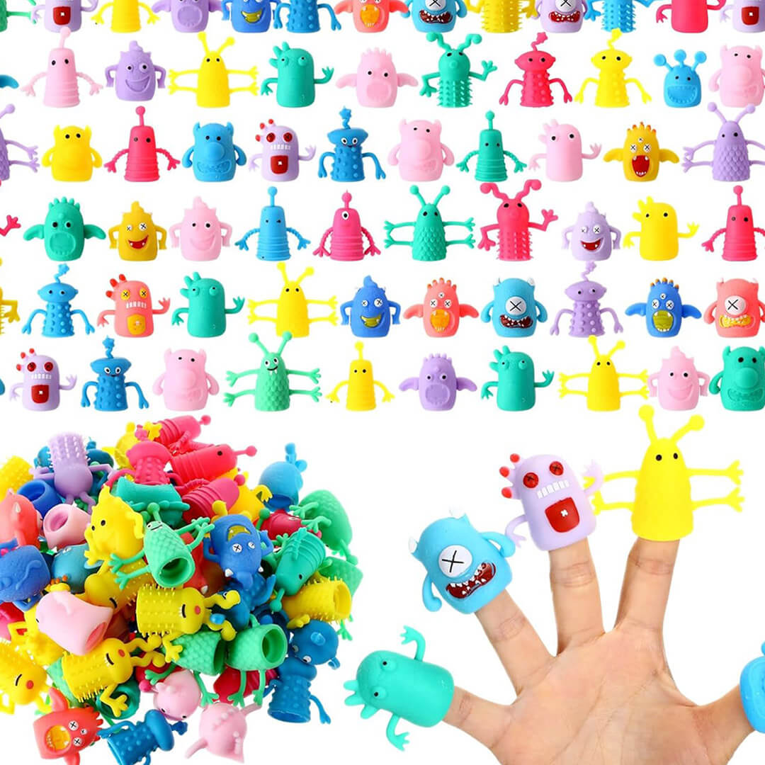 Dozens of miniature plastic monster finger puppets in various neon colors arranged in rows, with several puppets shown worn on a hand.