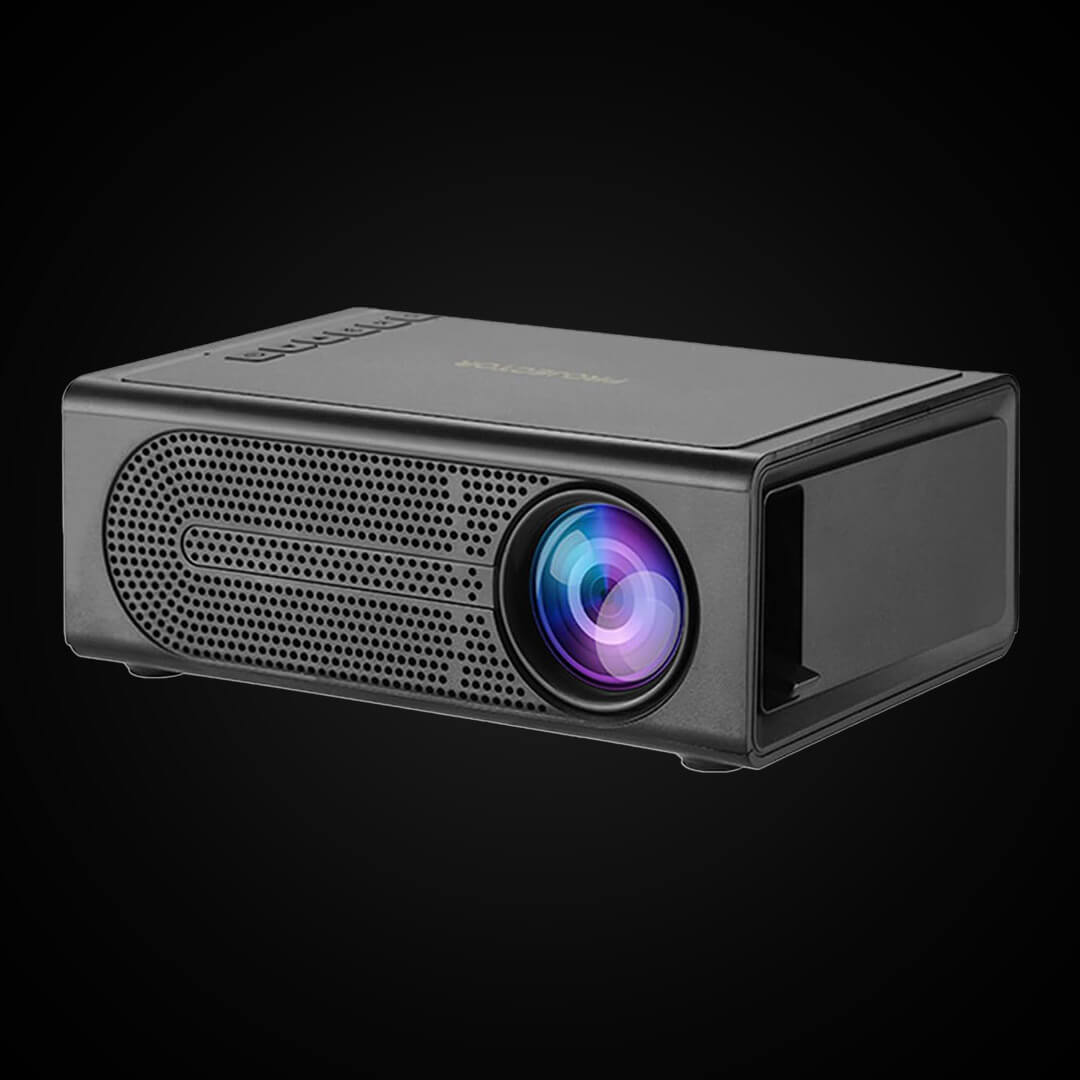 Compact black portable home theater projector shown from an angled perspective against a dark background.