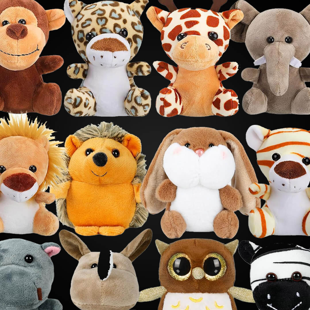 A grid arrangement of colorful small plush toys featuring a lion, elephant, giraffe, zebra, and monkey.