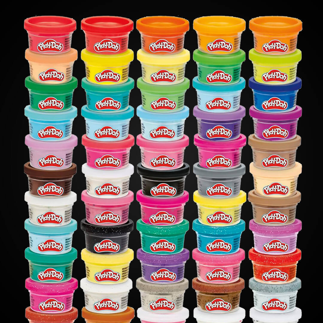 Rows and columns of stacked classic Play-Doh cans in an assortment of vibrant neon, primary, and glitter colors.