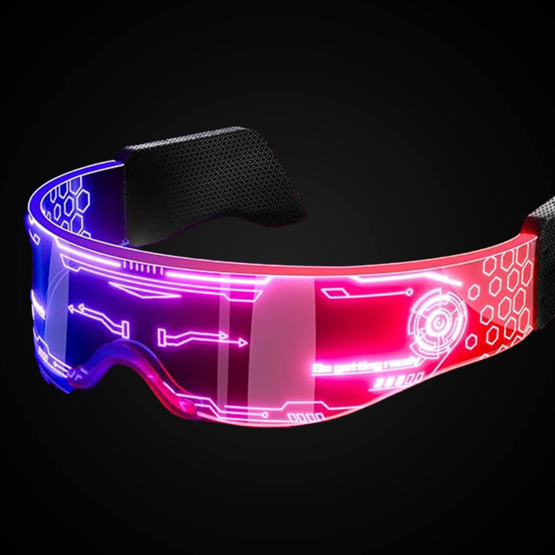 Futuristic cyberpunk-style translucent visor glasses glowing with red, pink, and neon blue LED light patterns.