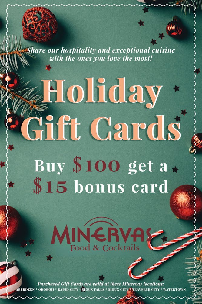 Holiday Gift Cards | Minervas | Restaurant & Bar in SD, IA and MI