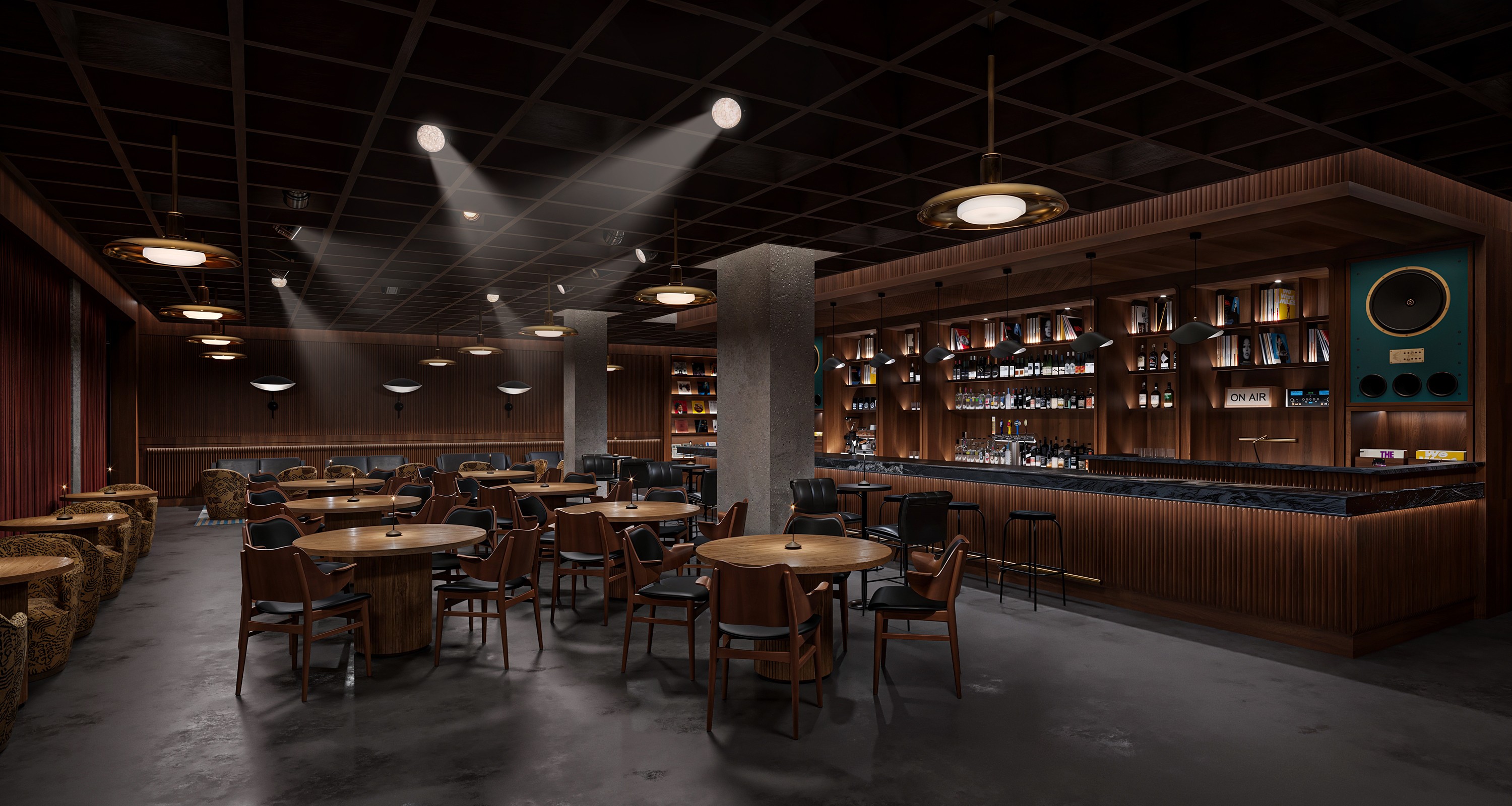 a dining room with tables