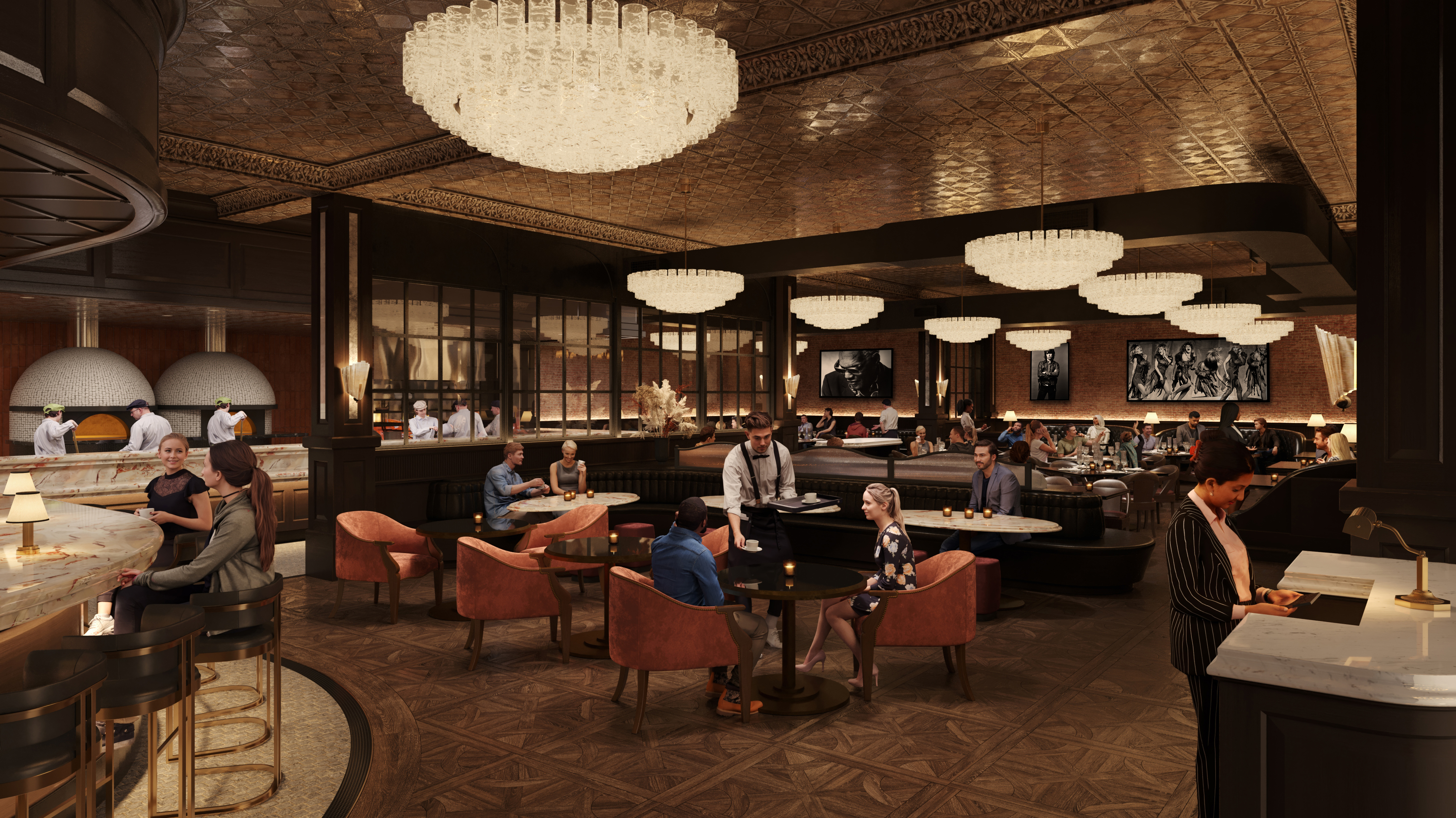 a group of people sitting at a dining room table