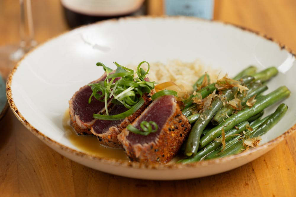 Togarashi Blacked Ahi Tuna with string beans and coconut ginger rice