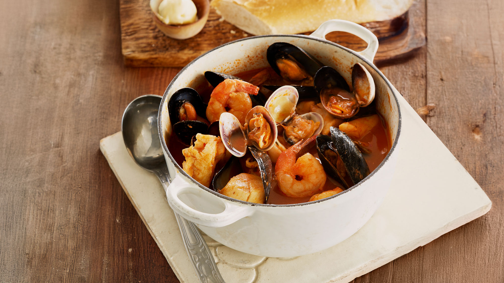 Provençal style saffron infused broth, fresh fish, mussels, clams, shrimp and scallops, with rouille