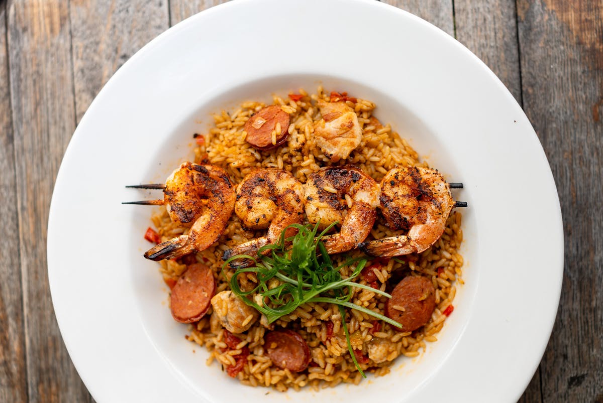 Jambalaya with skewered shrimp