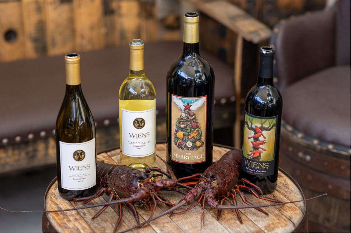 a bottle of wine from Weins with spiny lobster