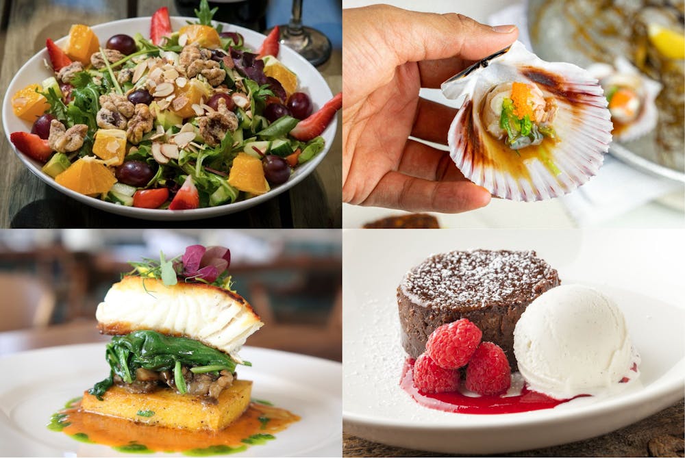 Champagne salad, hand holding a ponzu sashimi scallop, Alaskan Halibut Polenta and Lava Cake