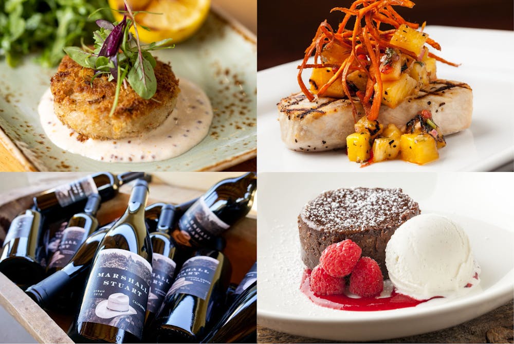 Collage of photos showing a crab carke, whie seabass with mango sauce and sweet potato threads, lava cake with vanilla ice cream and a crate of Marshall Stuart wines.